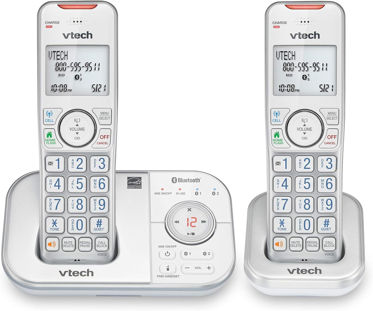 VS112-27 Teléfono inalámbrico de 2 auriculares con contestador automático, bloqueo de llamadas, identificador de llamadas, intercomunicador y conexión al celular