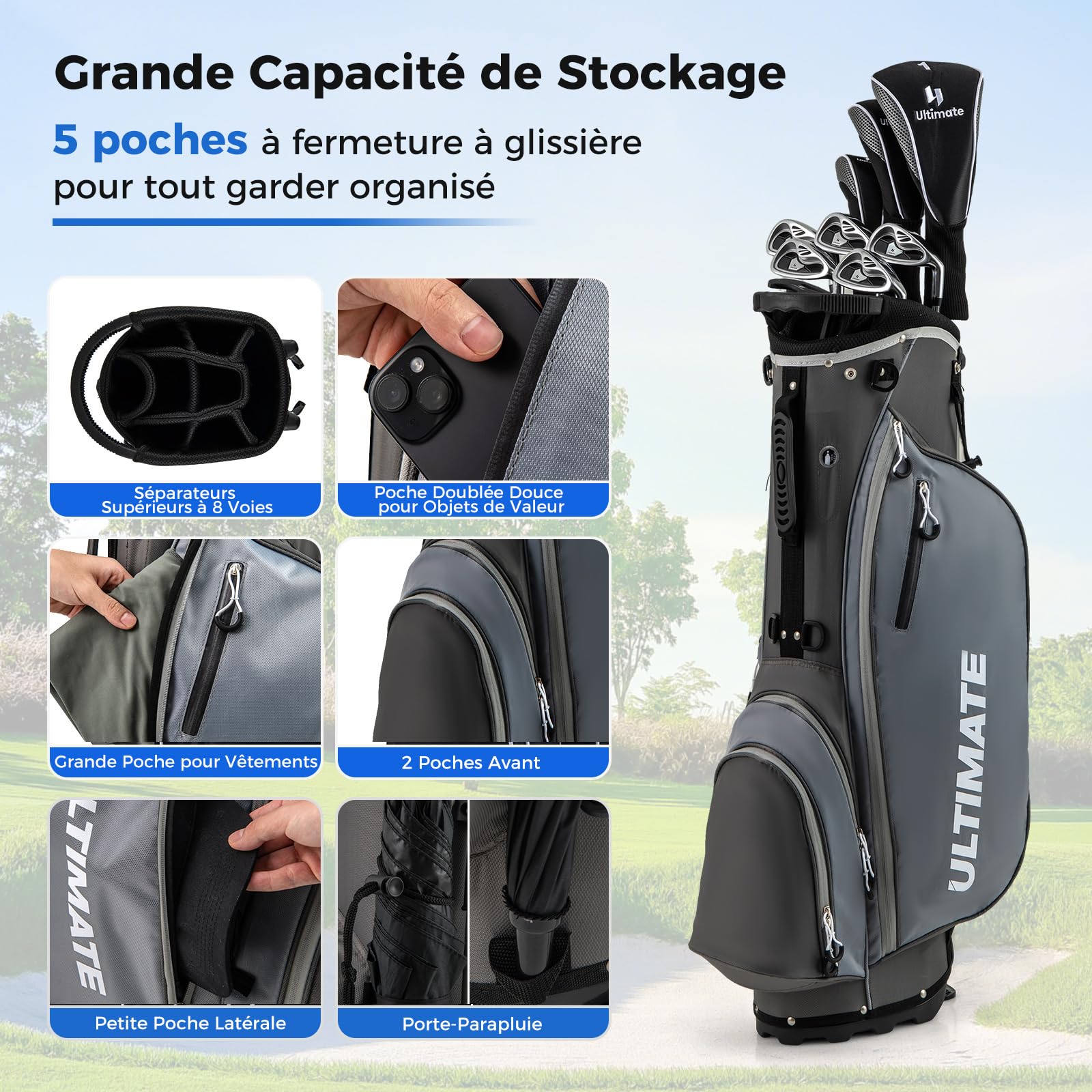 GYMAX Set Complet de Golf 10 Pièces Sac et Clubs, Driver 1#, Bois de Parcours 3#, Hybride 4#, Fers 6# 7# 8# 9#, Pitching Wedge, Putter, Sac de Golf Portable Trépied, pour Hommes Droitiers