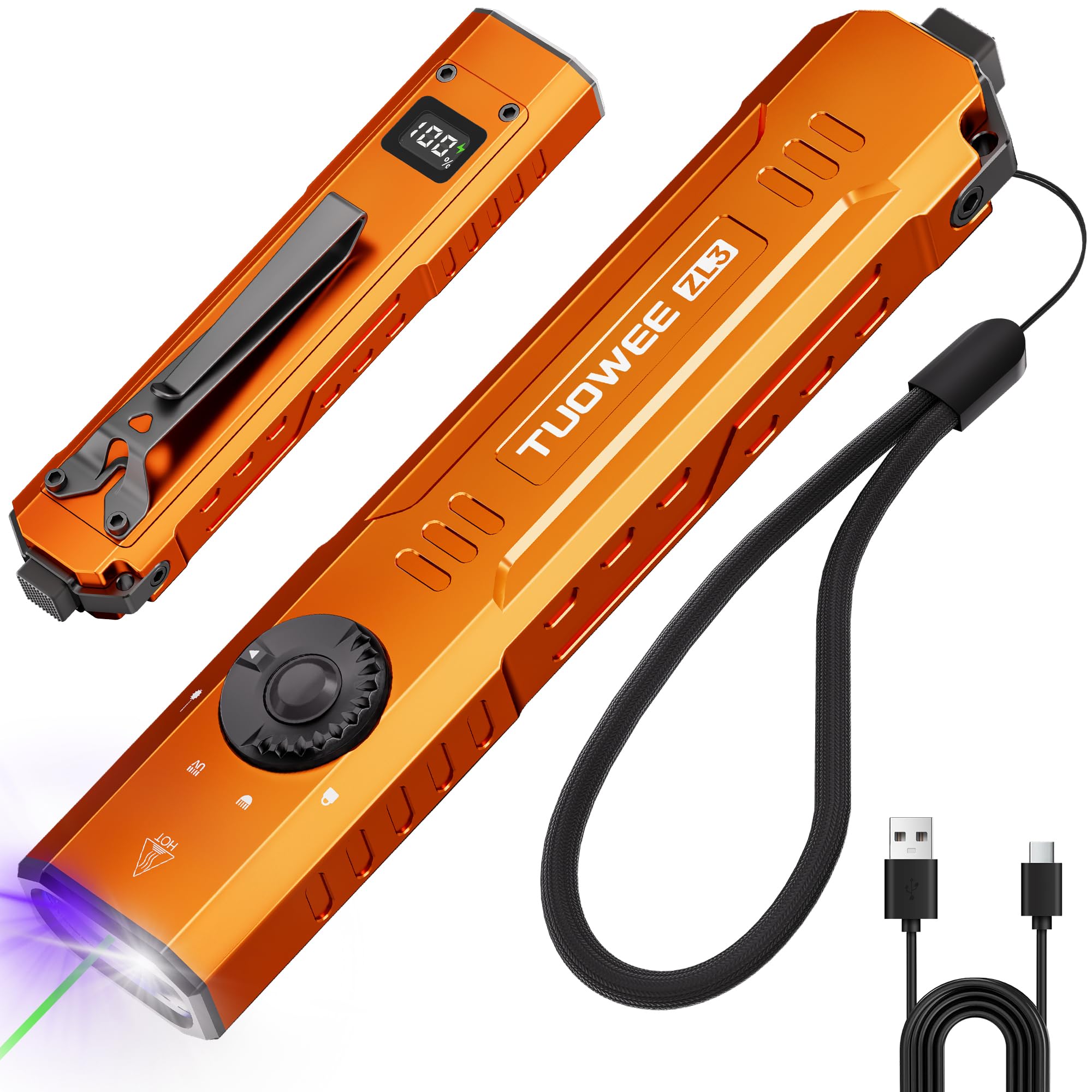 TUOWEE LED Torch Rechargeable, 1200 Lumens Flat EDC Torch with UV Light, Dual Switches, Digital Display, Waterproof Pocket Torch for Outdoor, Home & Emergency
