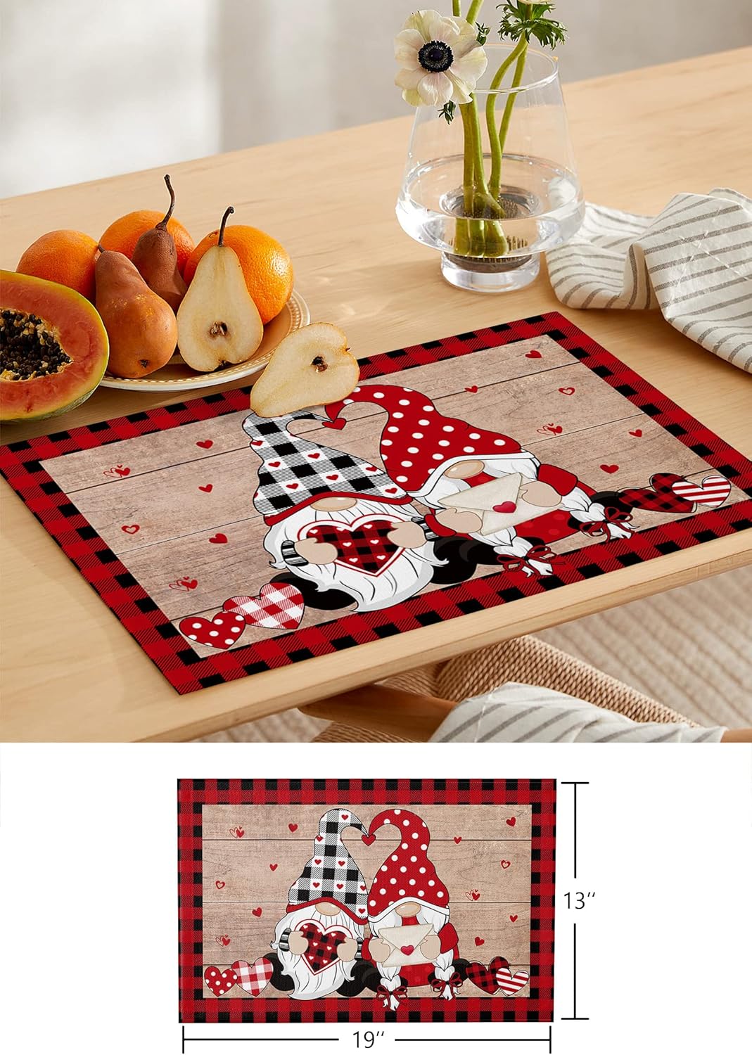 Placemats for Dining Table Set of 4 Valentine’s Day Gnomes Couple Rustic Wooden Board Print Table Mats for Home Kitchen Restaurant Wedding Party Decoration,Washable