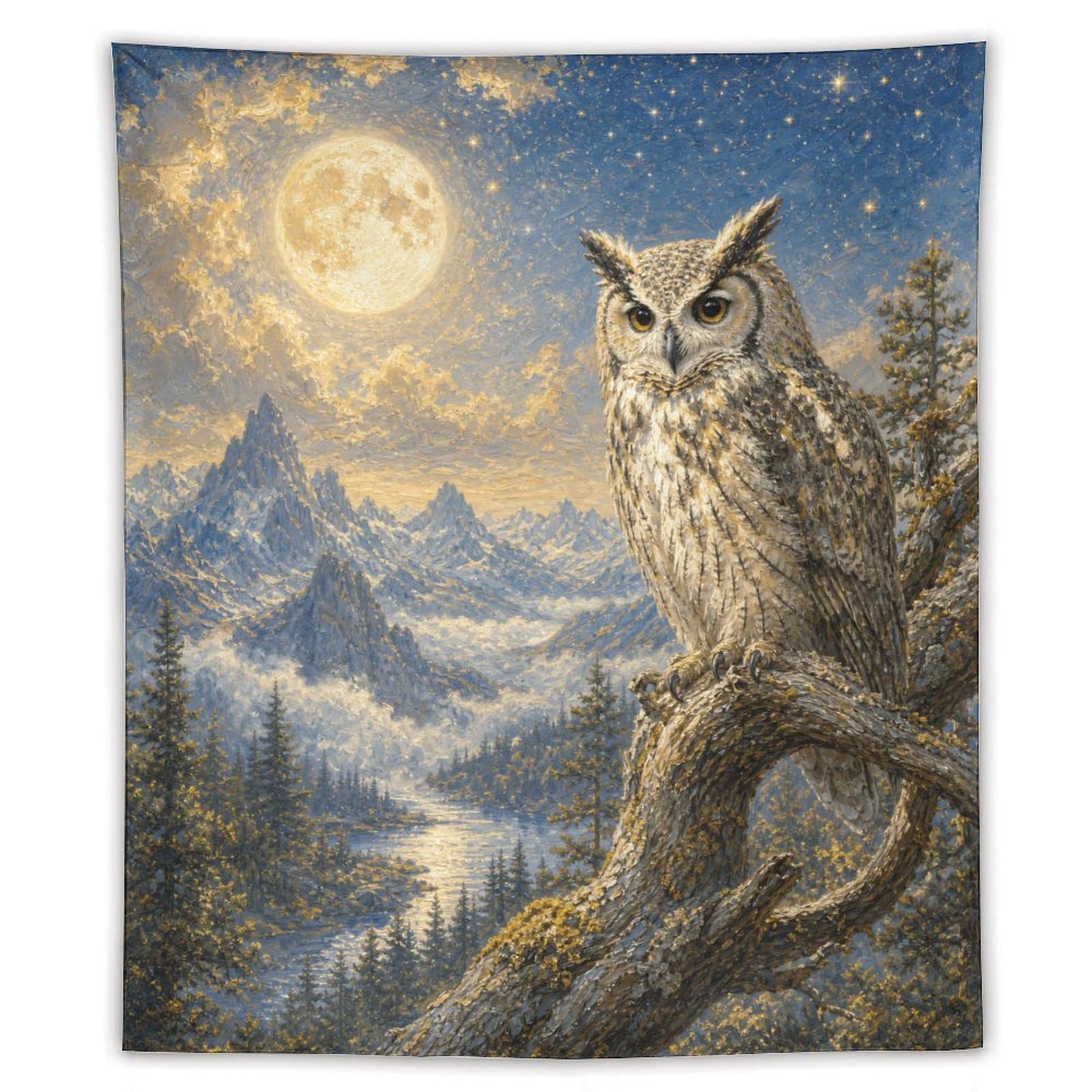 H3B8U2Y5 Snowy Owl under Moon Wall Tapestry, Fantasy Illustration