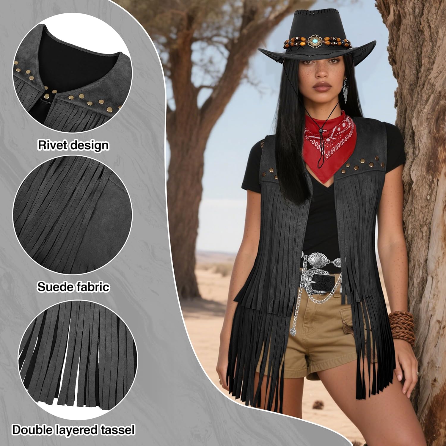 Cowgirl Costume for Women Retro Fringe Vest Cowboy Outfits Hat Earrings Waist Chain Western Costume - Image 2