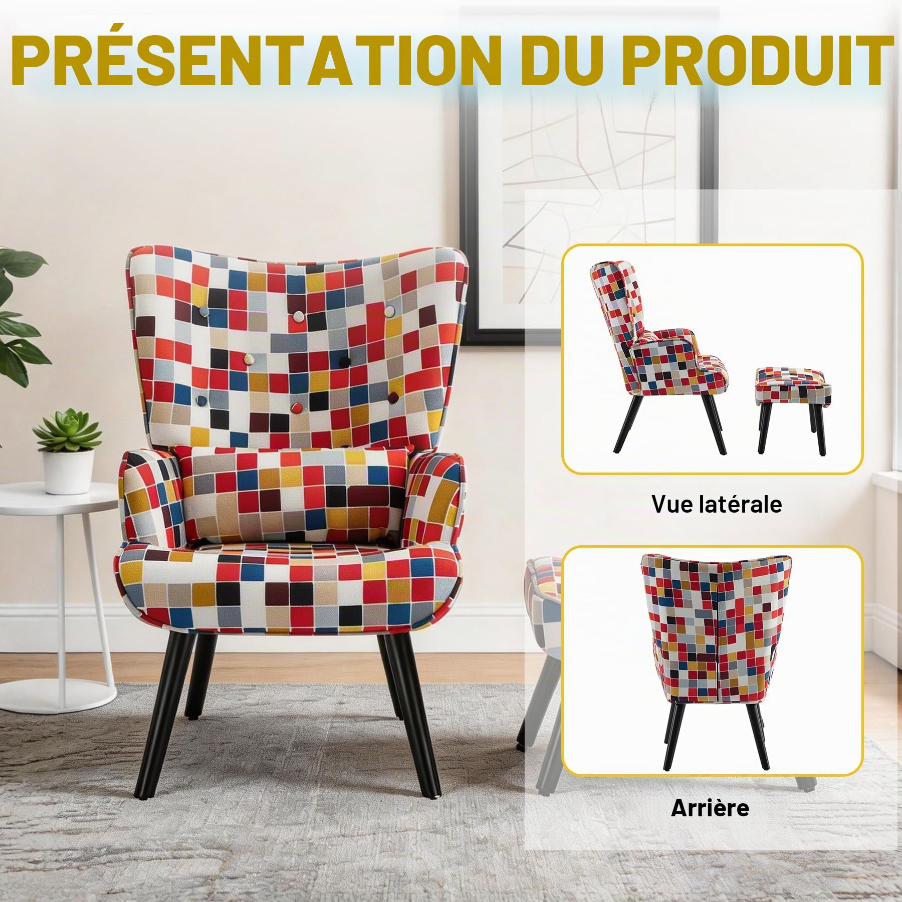 Fauteuil Patchwork Scandinave avec Repose-Pieds Support Lombaire | Fauteuil de Lecture Confortable avec Bois Massif, Tissu Lin et Design Ergonomique, pour Salon, Chambre ou Balcon