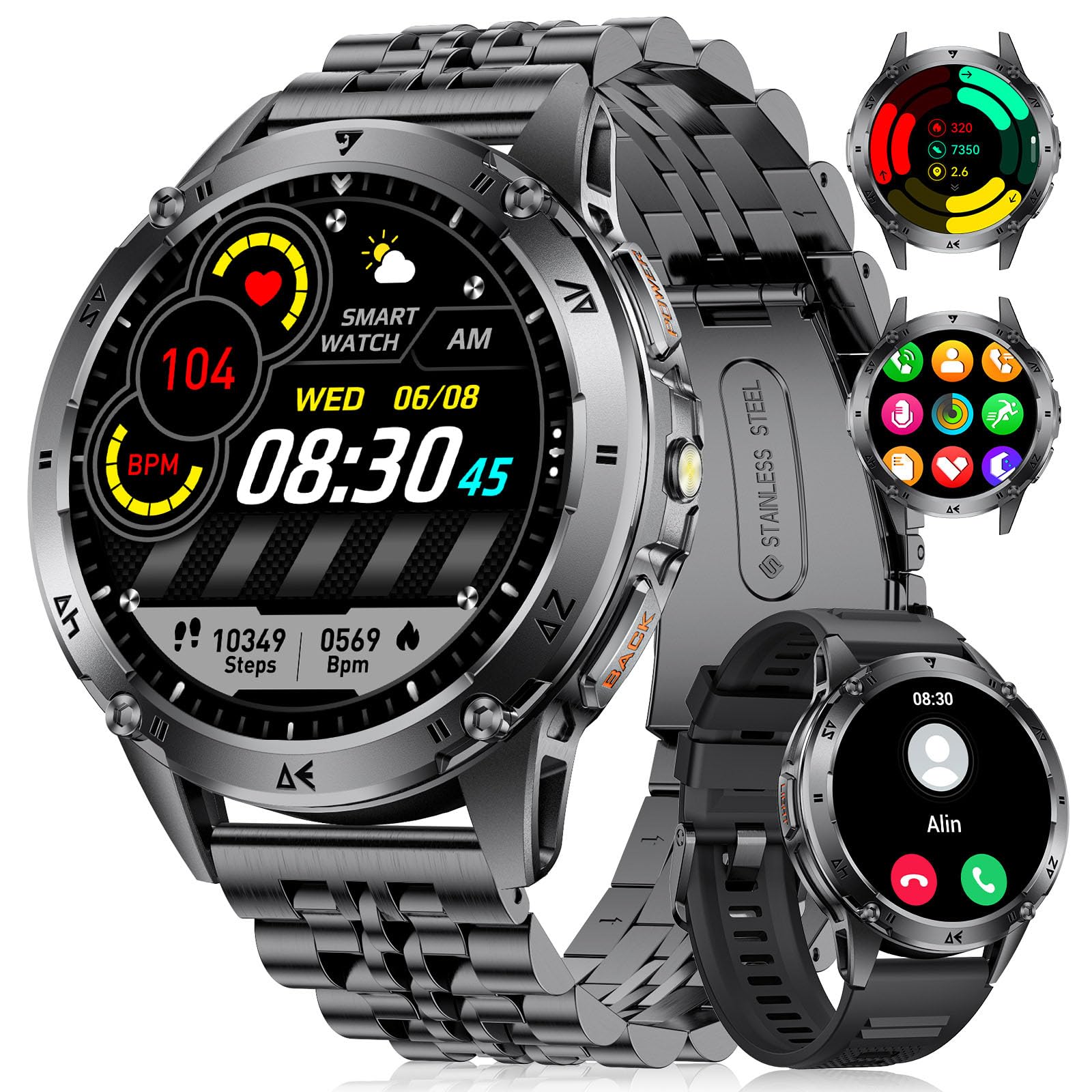 FITFLEX Montre Connectée Homme avec Appel Bluetooth, 1.43'' AMOLED Smartwatch avec Lampe Torche, 530mAh, Moniteur de Sommeil, IP68 Étanche, 120+ Sportifs Montre Intelligente pour Android iOS