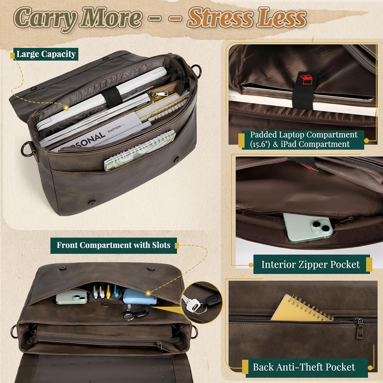 RAINSMORE Vintage Flap Messenger Bag for Men PU Leather Laptop Bag 15.6 Inch Mens Briefcase Waterproof Satchel Computer Bag - Image 3