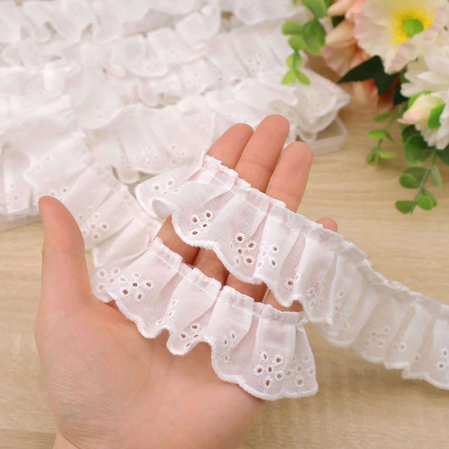 4 Yards Ruffle Trim Eyelet Cotton Pleated Lace Trim 1-9/16"
