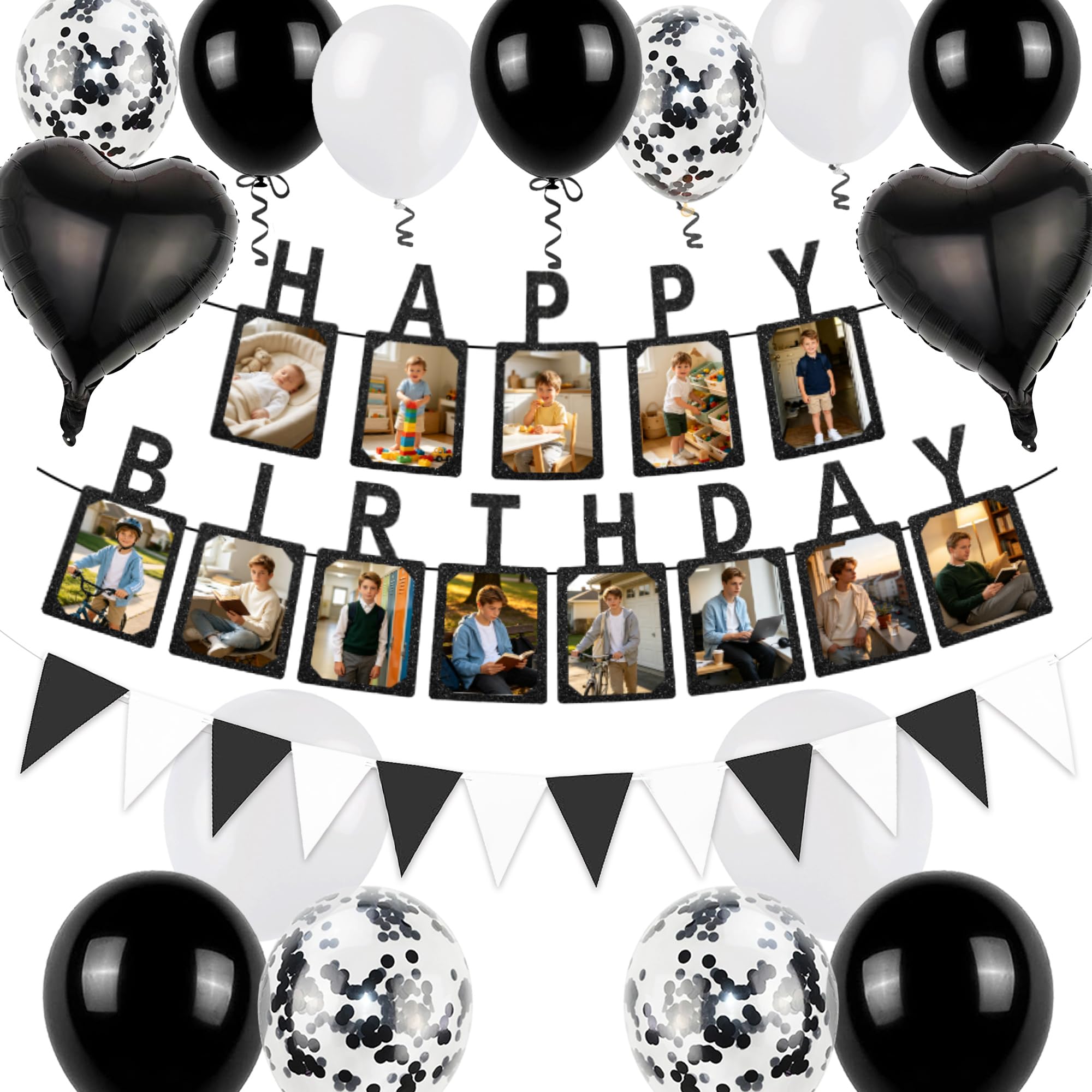 Black Birthday Decorations, Happy Birthday Photo Banner