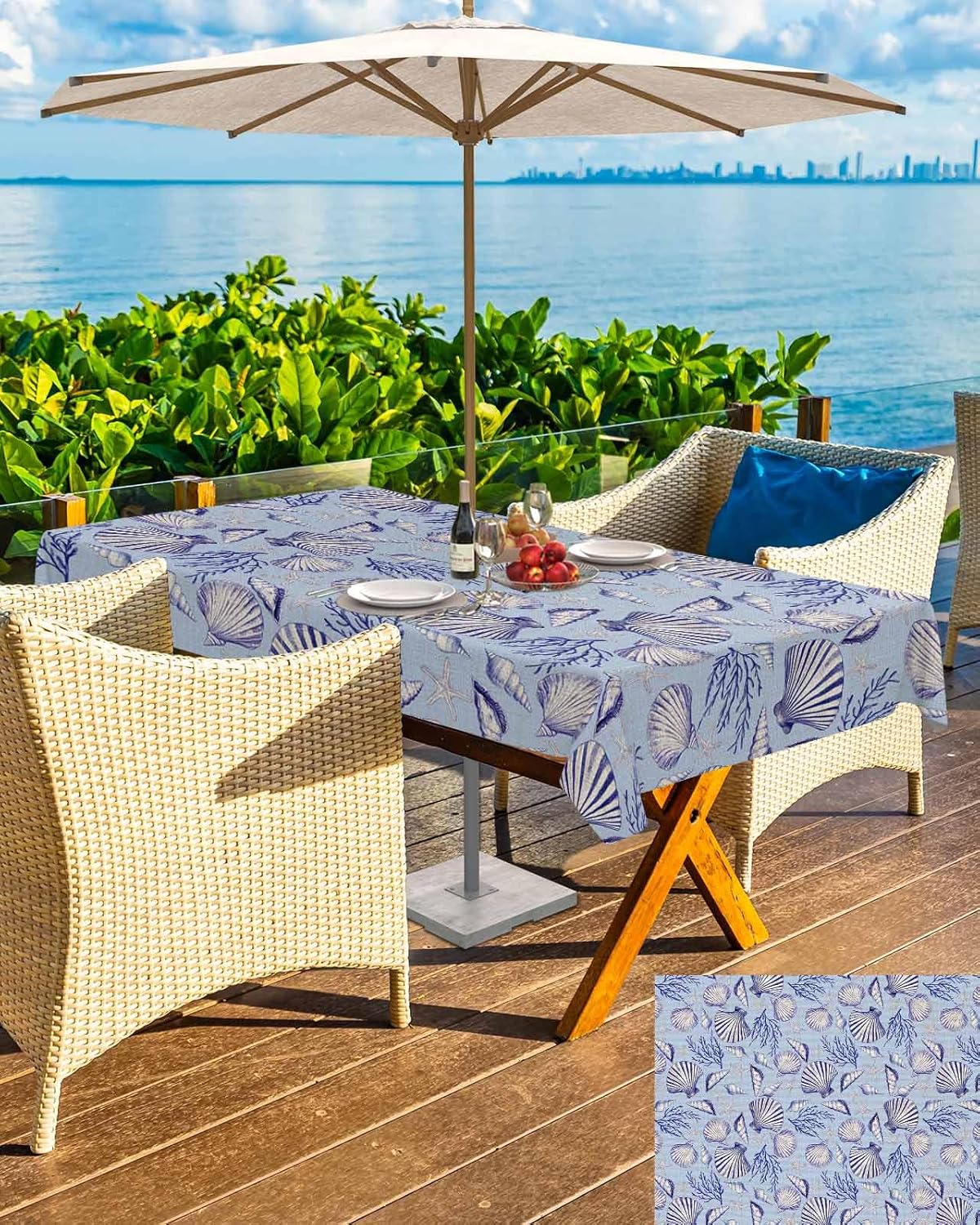 Outdoor Tablecloth with Umbrella Hole and Zipper 52" x 70" Rectangular Summer Blue Coral Shell Starfish Linen Water Repellant Table Cover Tabletop Collection for Party Patio Picnic