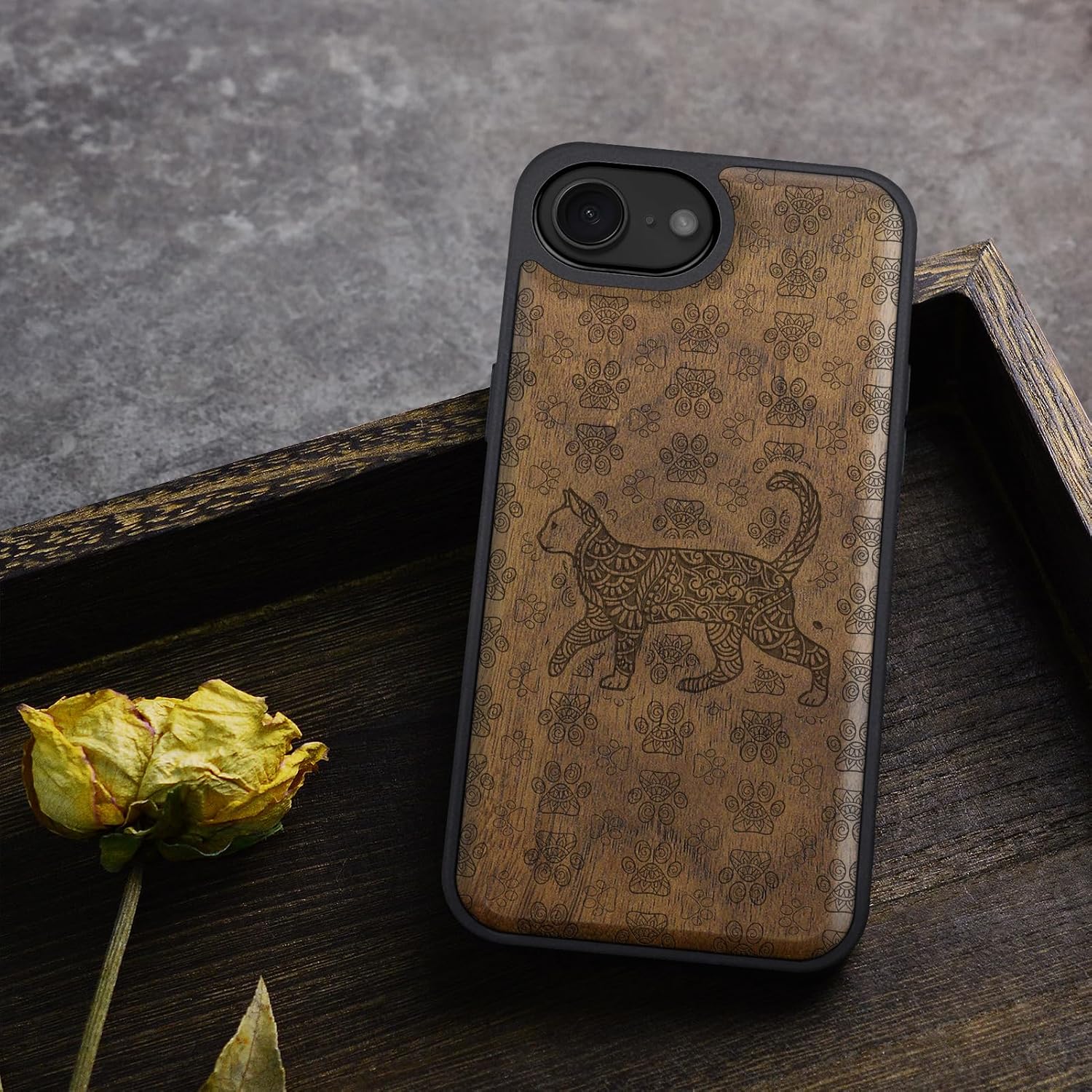 Carveit Magnetic Wooden Case for iPhone 16e / 17e, Solid Wood & Black TPU, Artisan Engraved Design, Shockproof Cover, Compatible with MagSafe Wireless Chargers, Majestic Tribal Feline - Walnut