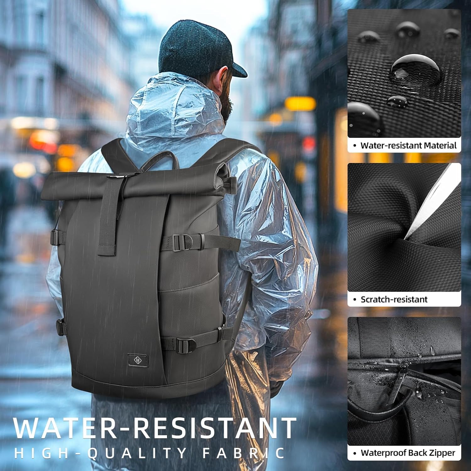 hk Rolltop Rucksack Herren Damen 15,6 Zoll Laptop Rucksack | Wasserdicht Groß Reiserucksack, Diebstahlsicherer Tagesrucksack Rolltop Backpack für Reise Outdoor Uni Arbeit Radfahren