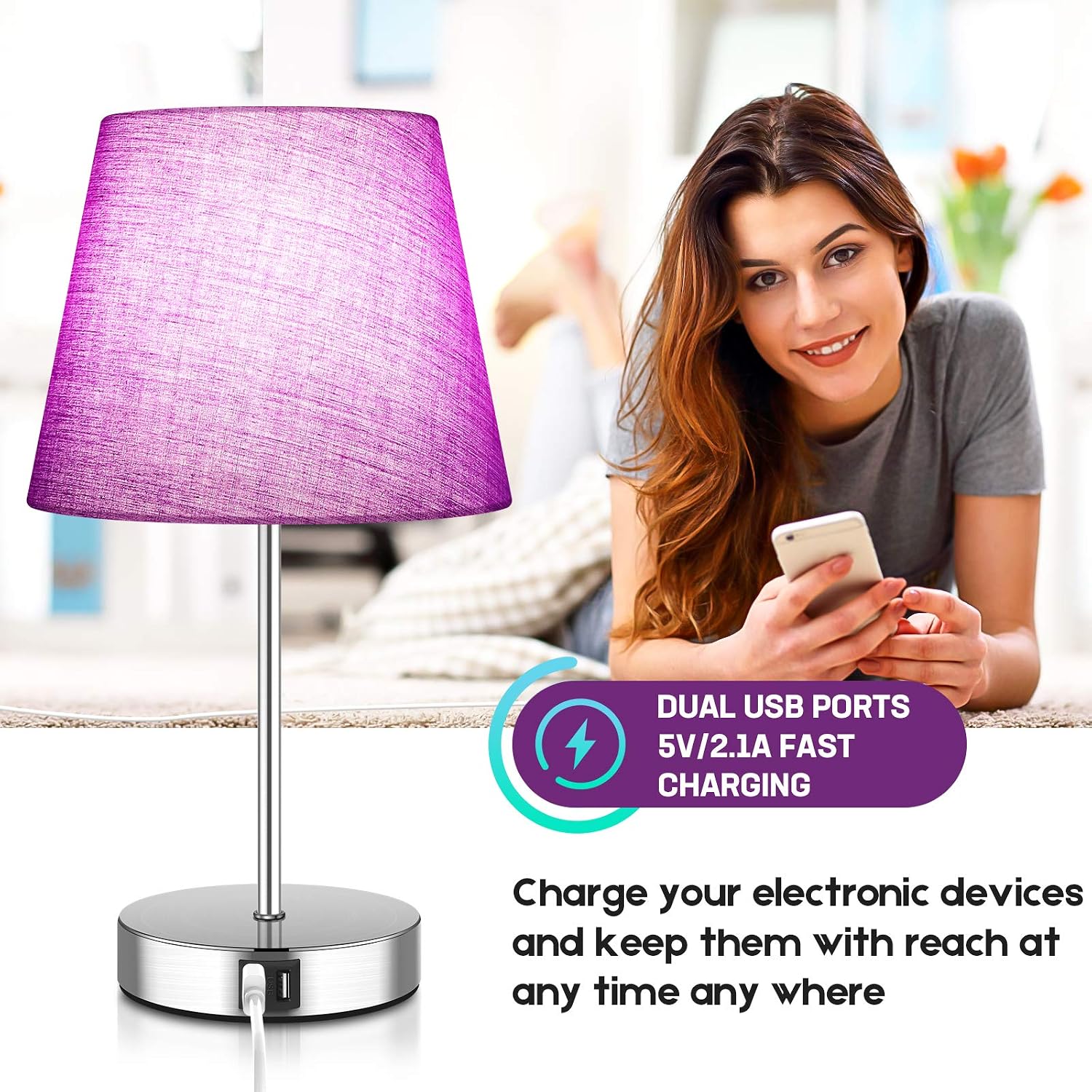 Touch Control Nightstand Lamps, 3 Way Dimmable Modern Bedside Lamp 5000K, Fast 2 USB Ports & AC Power Outlet Build in Purple Table Lamp, Idea for Living Room, Guests Room - A19 Edison Bulb Included