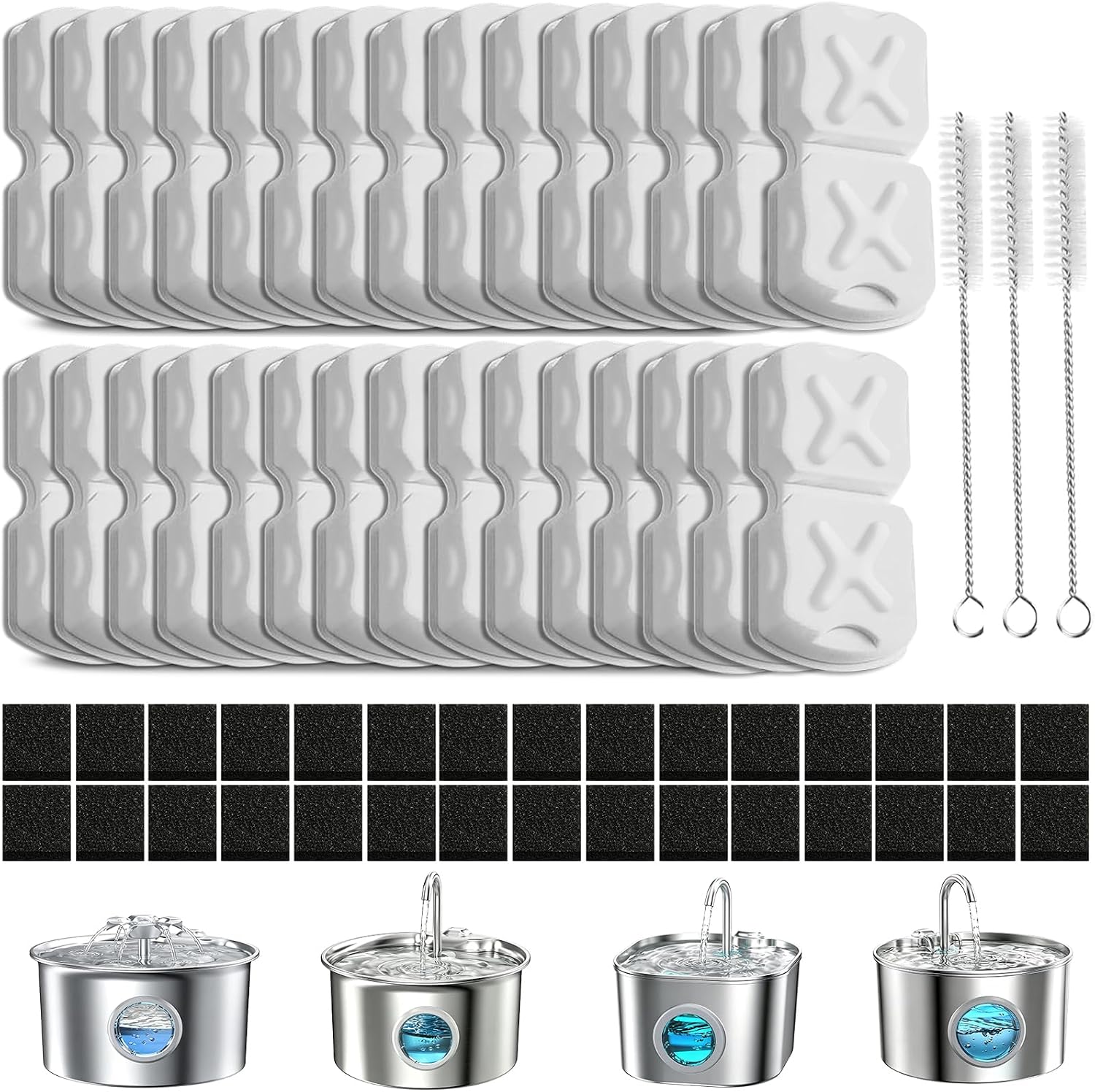 Cat Water Fountain Filter Kit - 30 Filters, 30 Sponges & 3 Brushes