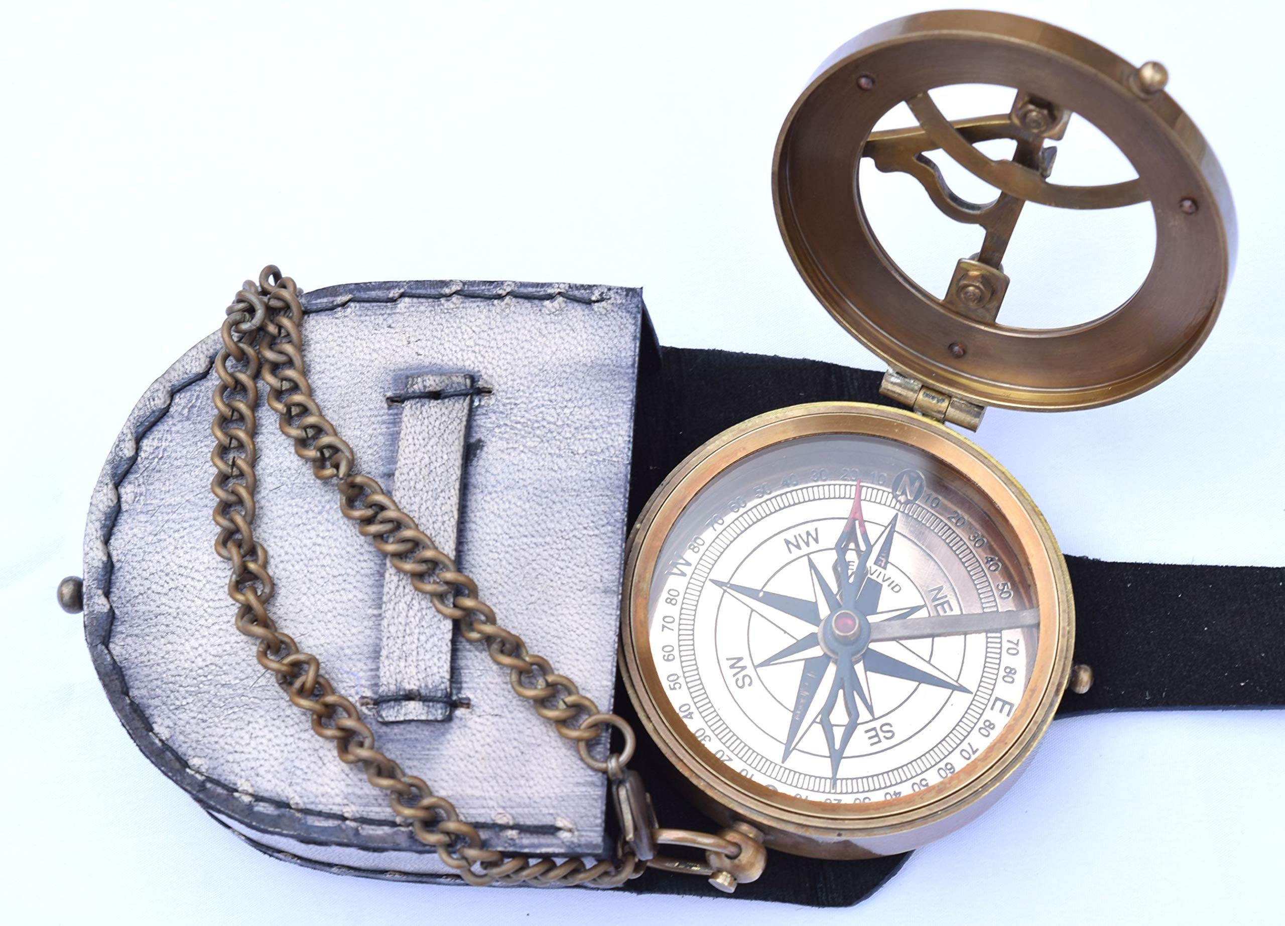 Messing-Sonnenuhr-Kompass mit Kette und Lederetui - Marine Nautical - Sonnenuhr - Steampunk Zubehör