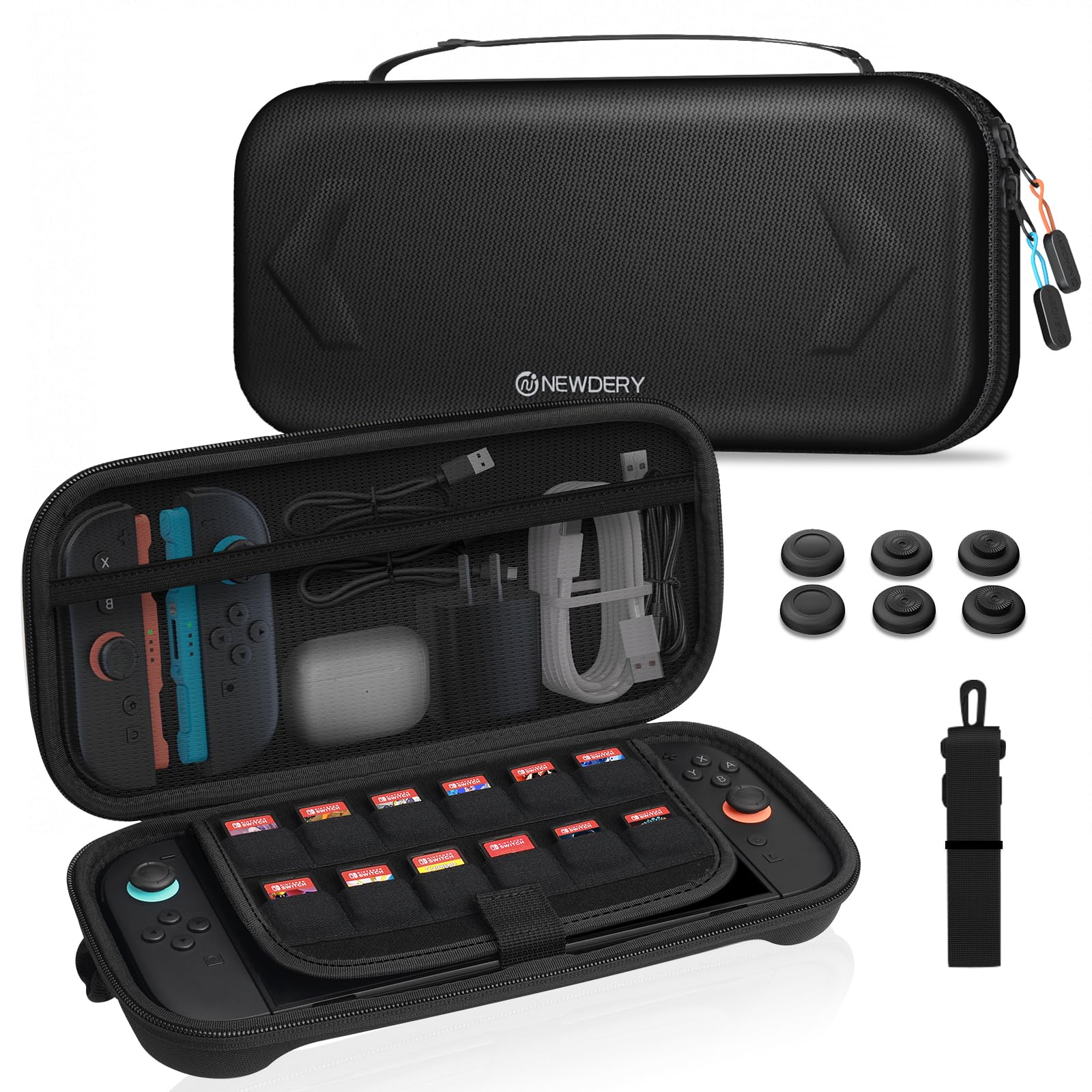 NEWDERY Carrying Case for Nintendo Switch 2, Portable Large Capacity Hard Shell for Switch 2 Travel Case with 12 Game Card Slots 6 Thumb Grip Caps, Storage Bag Pouch for Console & Accessories – Black