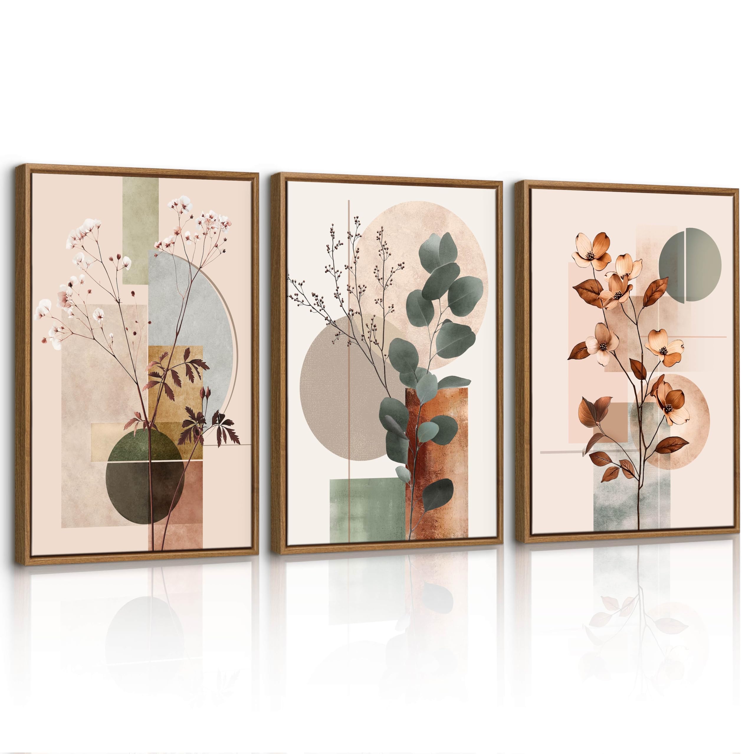 3 Pcs Beige Geométrico Plantas Floral Modernos Cuadros Decoracion Con Marcos, Botánico Algodón Eucalipto Hoja Cuadro y Láminas Lienzos Decorativos Hogar Para Comedor Salon Dormitorios 40X60cmx3Pcs