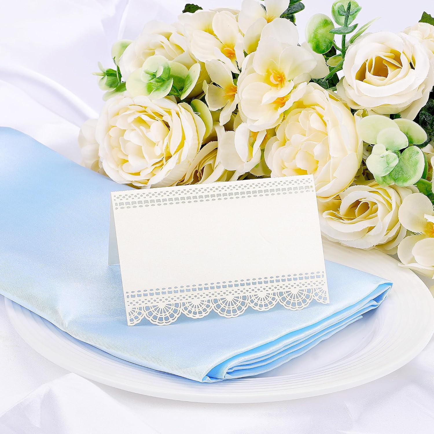 50-Pack Place Cards for Table Setting, Lace Laser Cutout Name Cards for Wedding, Thanksgiving, Party & Holiday Events - Ivory
