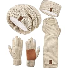 Women Beanie Scarf Gloves Headband Set, Winter Fleece Lined Hat Ear Warmer Knit Scarf Women Gloves Gift Set 4 in 1