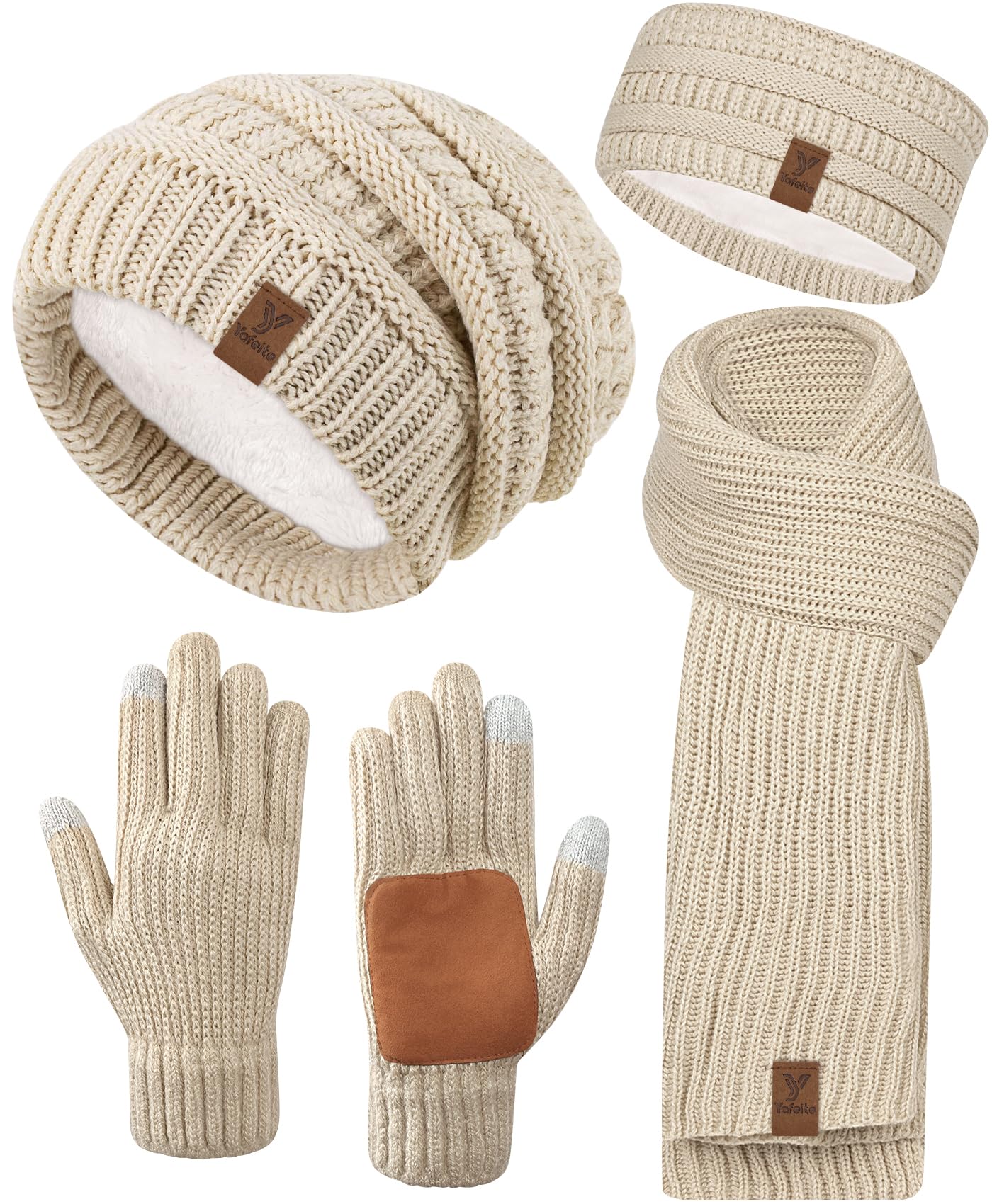 Women Beanie Scarf Gloves Headband Set, Winter Fleece Lined Hat Ear Warmer Knit Scarf Women Gloves Gift Set 4 in 1-image-43