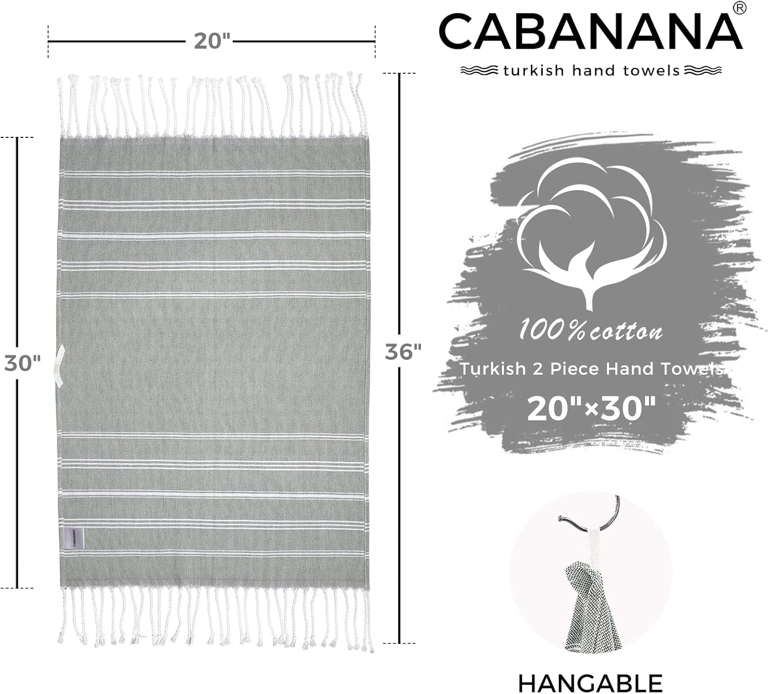 cabanana Hand Towels for Bathroom - 2-Pack,20x30 Inch-100% Cotton,Turkish Bathroom Hand Towels,Super Absorbent & Quick-Dry Soft for Bath, Kitchen, Spa, Face, Hair, Dishcloth (Gray) - Image 7