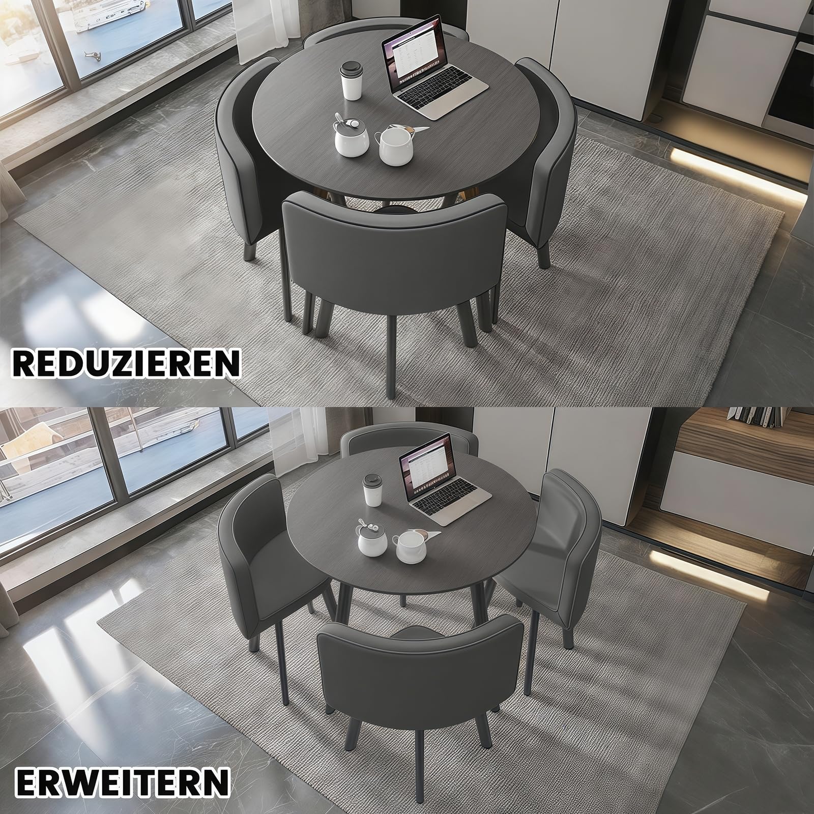 Runder Esstisch mit 4 Stühlen - Essgruppe 5-Teilig Komplettset - Küchentisch Sitzgruppe für für Küche/Esszimmer - Wohnzimmer und Büro 4-6 Sitzplätze (Grey – Round)