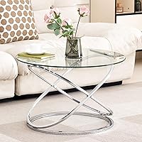 Vista 5 de Moderna mesa de centro redonda de cristal plateado, parte superior de vidrio templado de 26.7 pulgadas y base de patas cruzadas cromadas de lujo