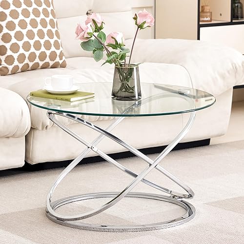 Miniatura 5 de Moderna mesa de centro redonda de cristal plateado, parte superior de vidrio templado de 26.7 pulgadas y base de patas cruzadas cromadas de lujo,