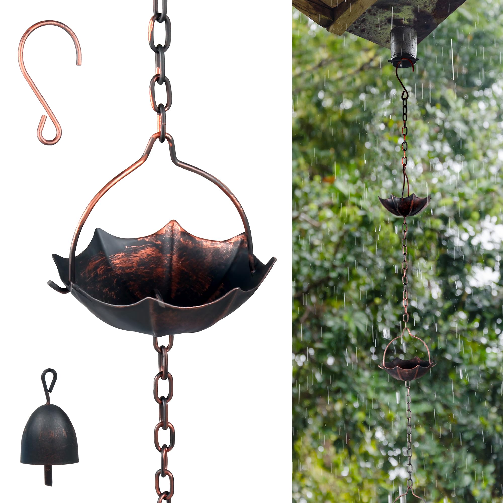 Alyoen Chaînes de pluie réglables pour gouttières, chaînes de pluie extérieures de 12,5 pieds avec 12 tasses, chaîne attrape-pluie en forme de parapluie avec cloche pour le drainage des eaves