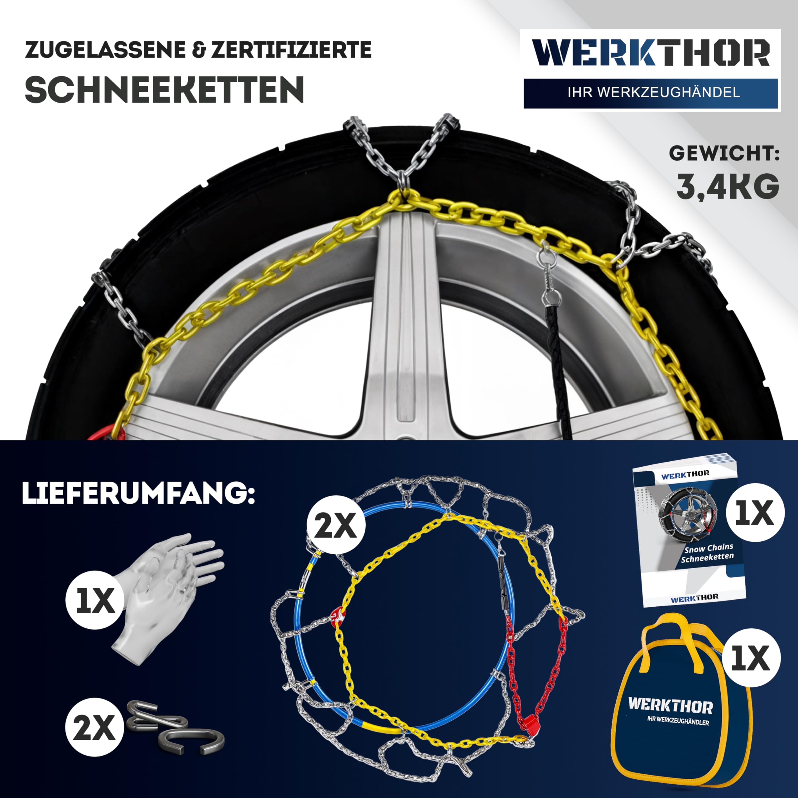 WERKTHOR 2 x łańcuchy śniegowe, dopuszczone do użytku w samochodach osobowych, łatwy montaż i optymalna przyczepność, łańcuch śniegowy z metalu, do opon o różnych rozmiarach (WT 110)