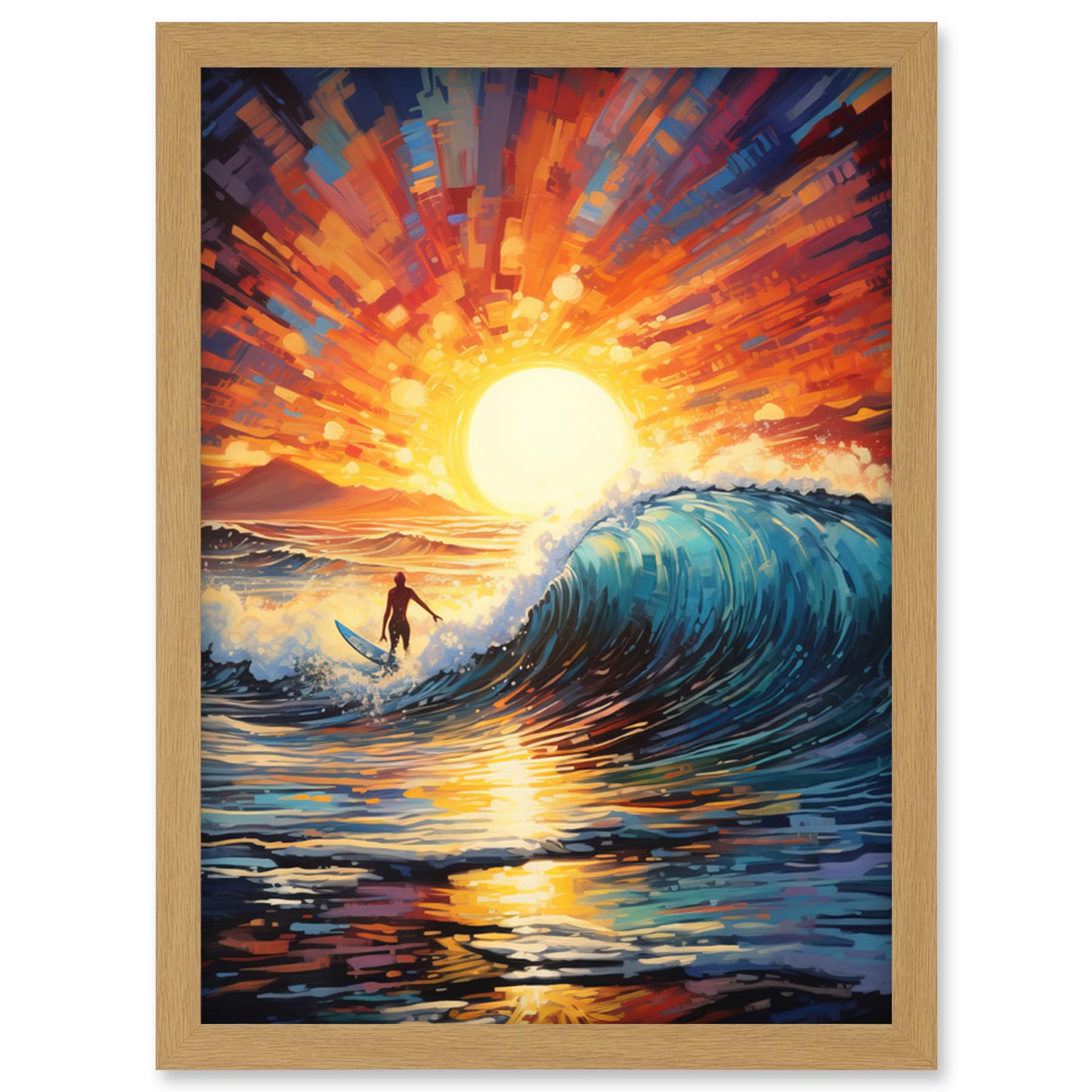 Artery8 Sunset Surf Waves Surfing Artwork Vibrant Blue Purple Orange Setting Sun Behind Surfer in Wavy Seascape Artwork Framed Wall Art Print A4