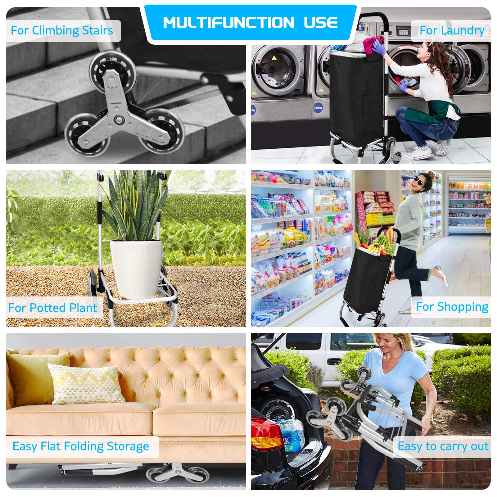Carro de la compra plegable 3 en 1, carro de la compra para escalera, carrito de compras plegable con bolsa de lona impermeable extraíble y ruedas para escalera, carrito multiusos portátil