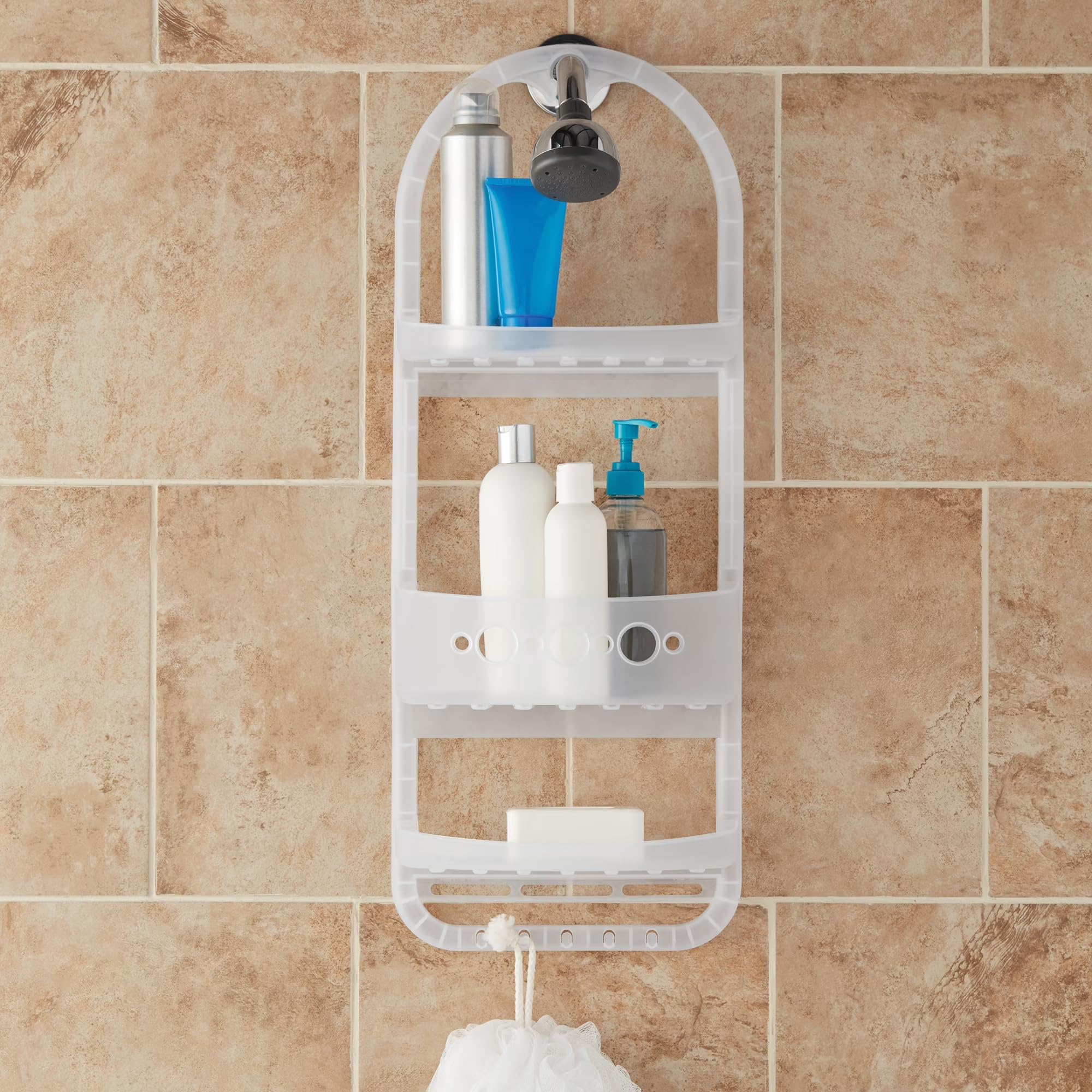 Large Over the Shower Caddy with Shelves and Deep Basket Heavy Duty Plastic Frosty Finish
