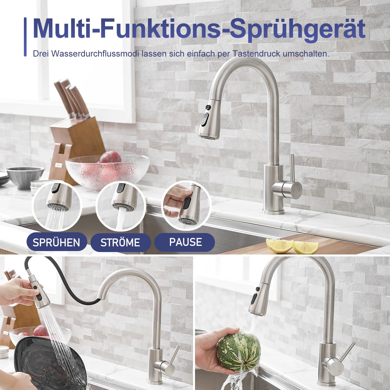 GENBONS Wasserhahn Küche, Edelstahl, Hochdruck Küchenarmatur mit Herausziehbarer Brause Ausziehbar Armatur, Mischbatterie Spültischarmatur, 360° Schwenkbar Zwei Sprühfunktionen