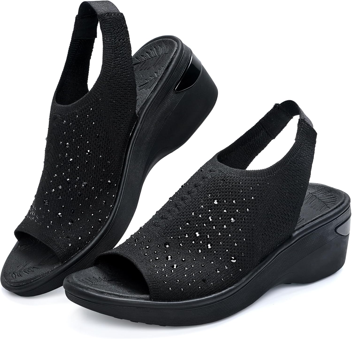 BEMIRO Women's Rhinestone Wedge Sandals - Slip On Arch Support Platform Walking Sandals with Memory Foam, Comfortable Open Toe Knit Mesh Slingback for Casual Summer Beach Party