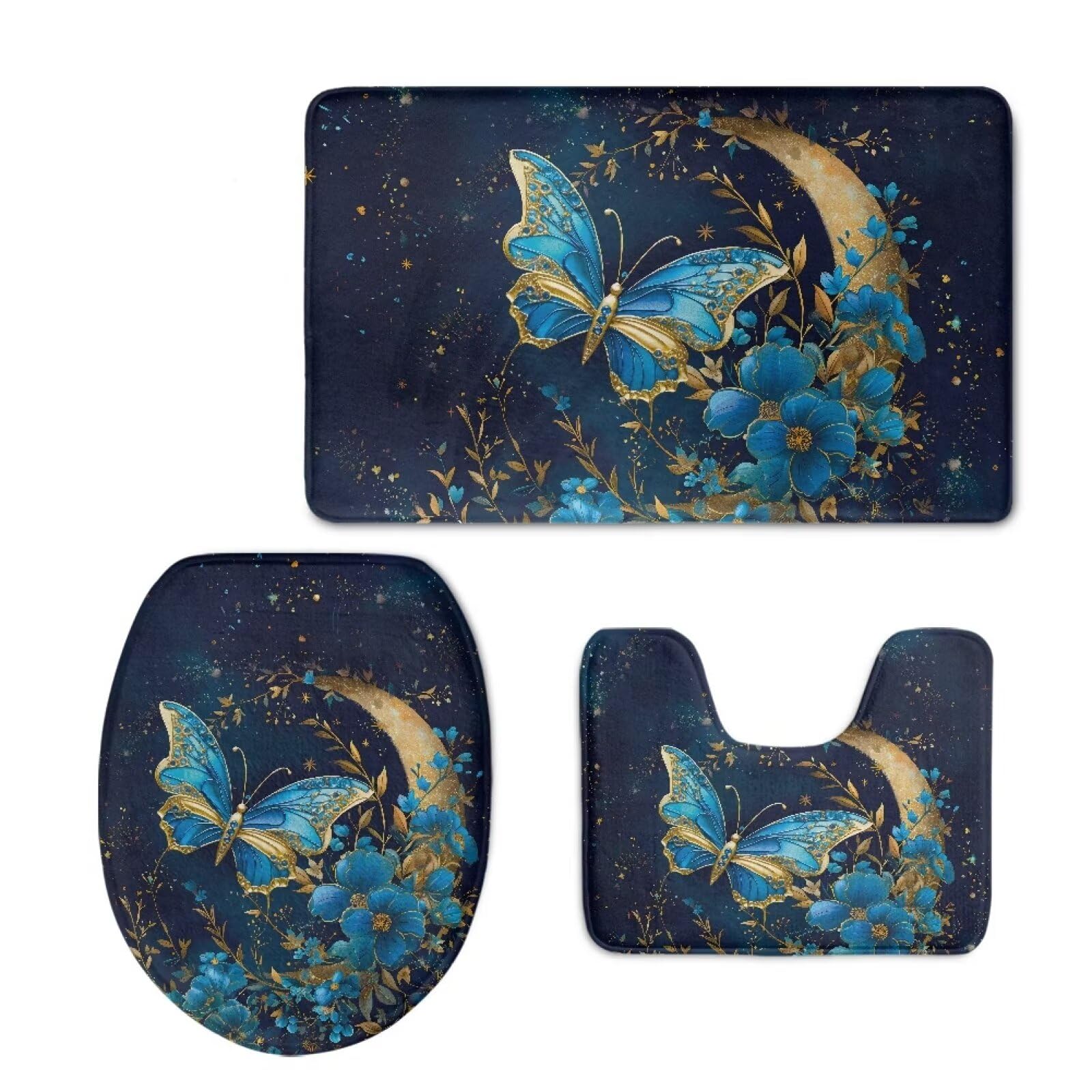 UNICEU Moon Nighth Blue Butterfly Bathroom 3 Pieces Set Non Slip Soft Bathroom Rug, U-Shape Contour Mat, Toilet Lid Cover