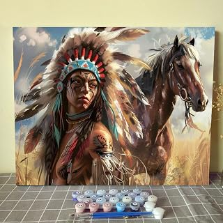 Aihonmin Paint by Numbers for Adults DIY Indians Oil Painting for Kids and Beginner Acrylic Painting Kits on Canvas African Tribal Girl and Horse Paintings Arts Craft for Home Wall Decor (Frameless)