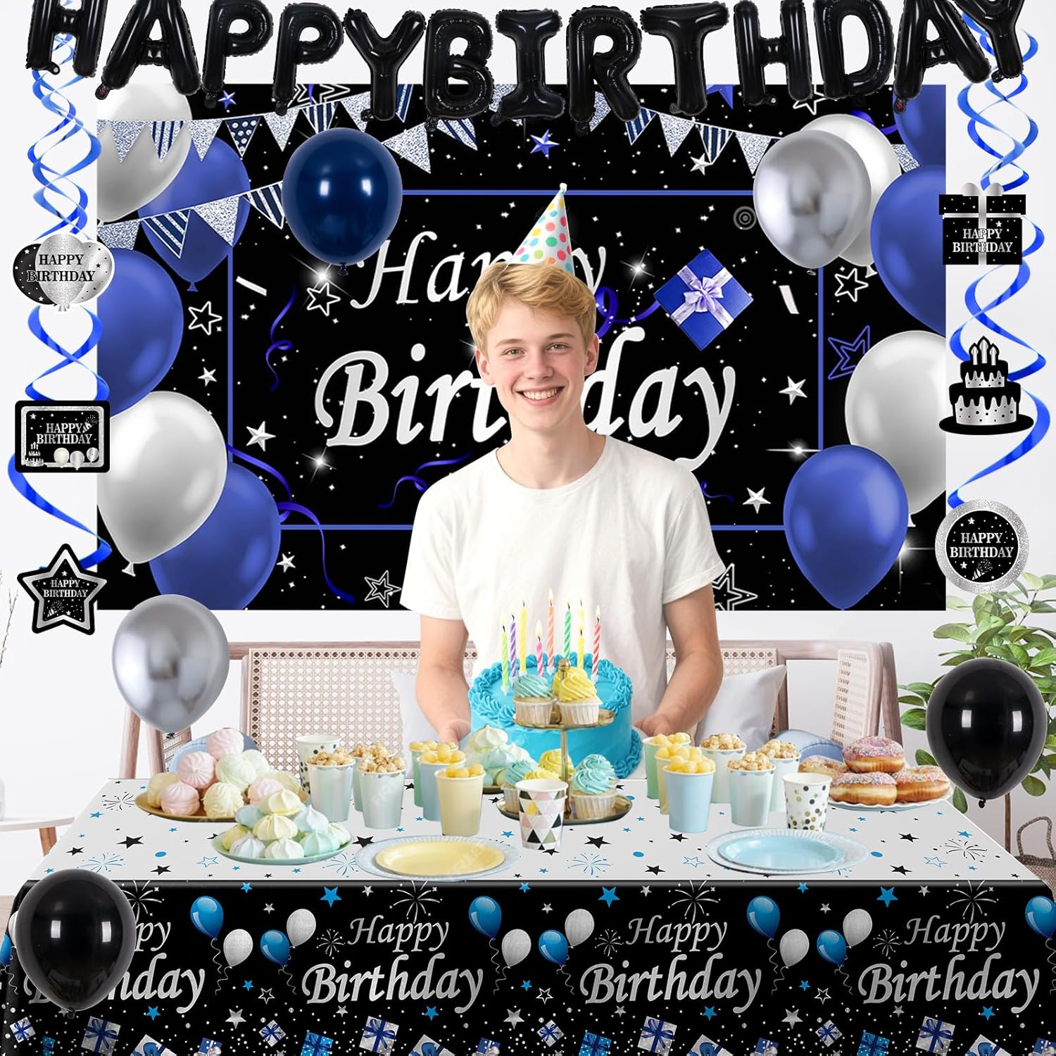 Black and Blue Birthday Decorations for Men Boys Women Girls, 52 PCS Blue and Silver Party Decorations with Happy Birthday Banner Backdrop Balloon Hanging Swirl Tablecloth Paper Pompoms - Image 3