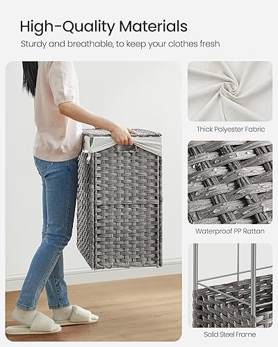 Miniatura 8 de SONGMICS Cesta de lavandería con tapa, 42.3 galones (160 L), cesta de lavandería con ruedas, ratán sintético de 3 secciones, forro extraíble,