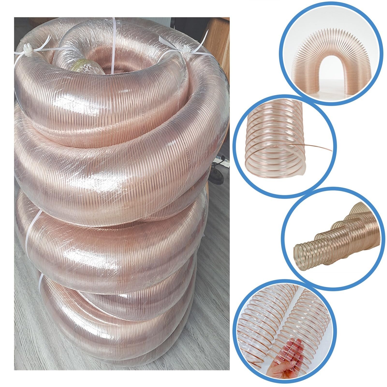 Manguera de recogida de polvo resistente, manguera de vacío flexible transparente con hélice de alambre reforzado, diseño anticolapso para sistemas de polvo de carpintería