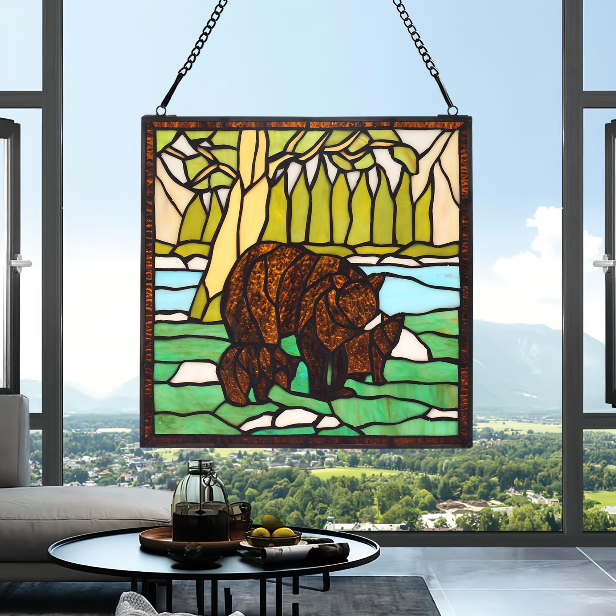 bwkoiujes Buntglas-Fensterbehang, 30,5 cm, quadratisch, Tiffany-Tier-Stil, 3 braune Bären, Sonnenfänger, Wanddekoration, Kunst-Panel, inklusive 50,8 cm Kette und Haken, das perfekte Geschenk zum