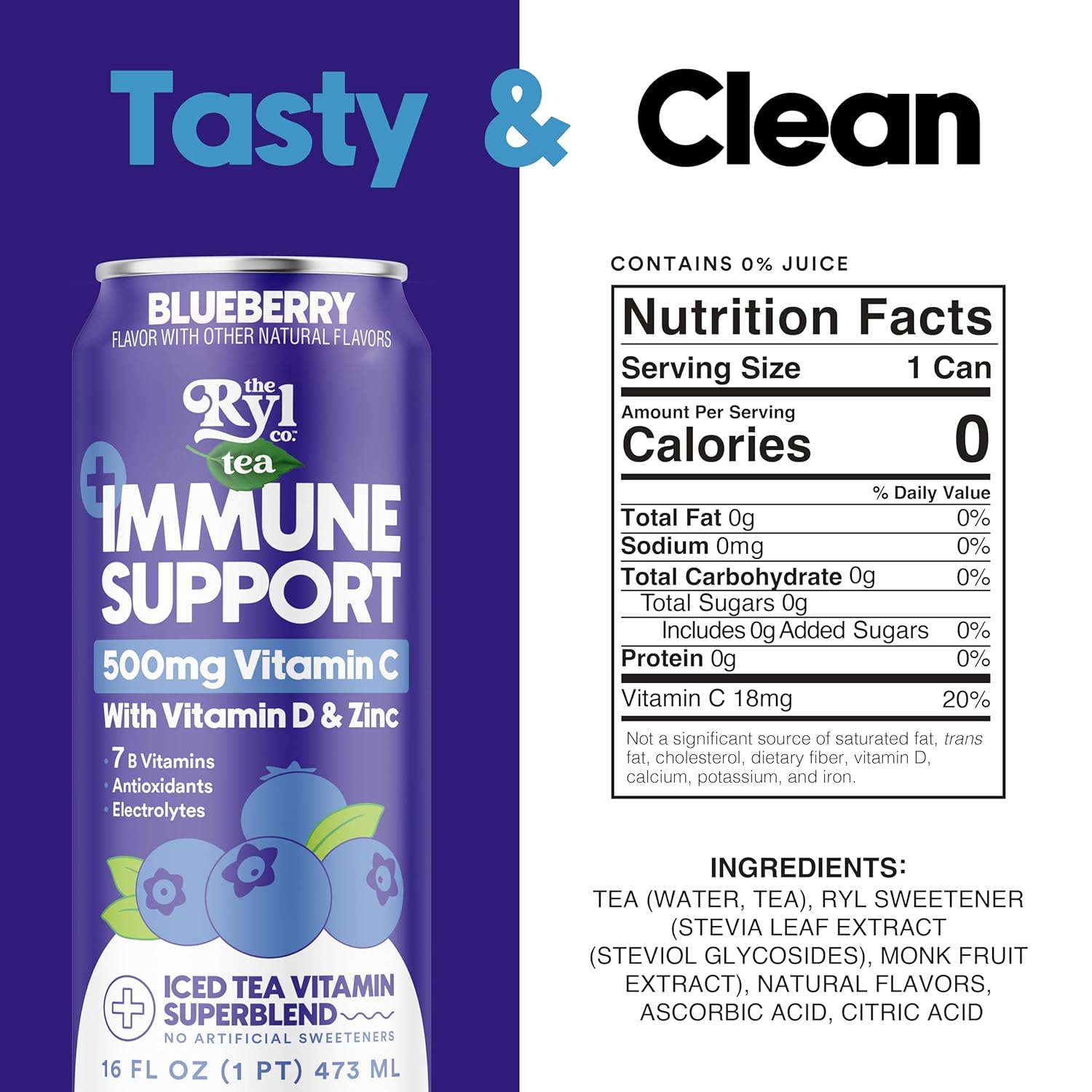 Ryl Immune Support Tea, Blueberry, 500mg Vitamin with Vitamin D & Zinc, 16.0 Fl Oz (12-Pack) Ryl Immune Support Tea, Blueberry, 500mg Vitamin with Vitamin D & Zinc, 16.0 Fl Oz (12-Pack)