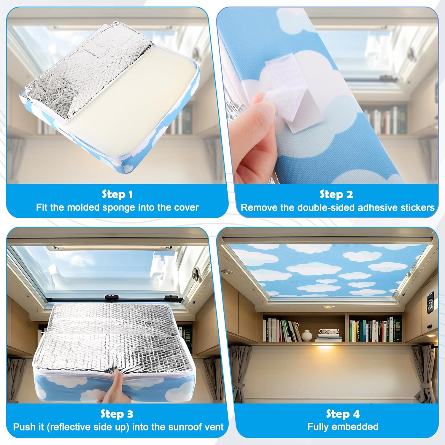 2 PCS RV Skylight Cover Vent Insulator, AHIER 14"x14"x3" Universal RV Skylight Insulator with Reflective Surface RV Vent Covers with Fixed Hook and Loop for Roof Inside Camper