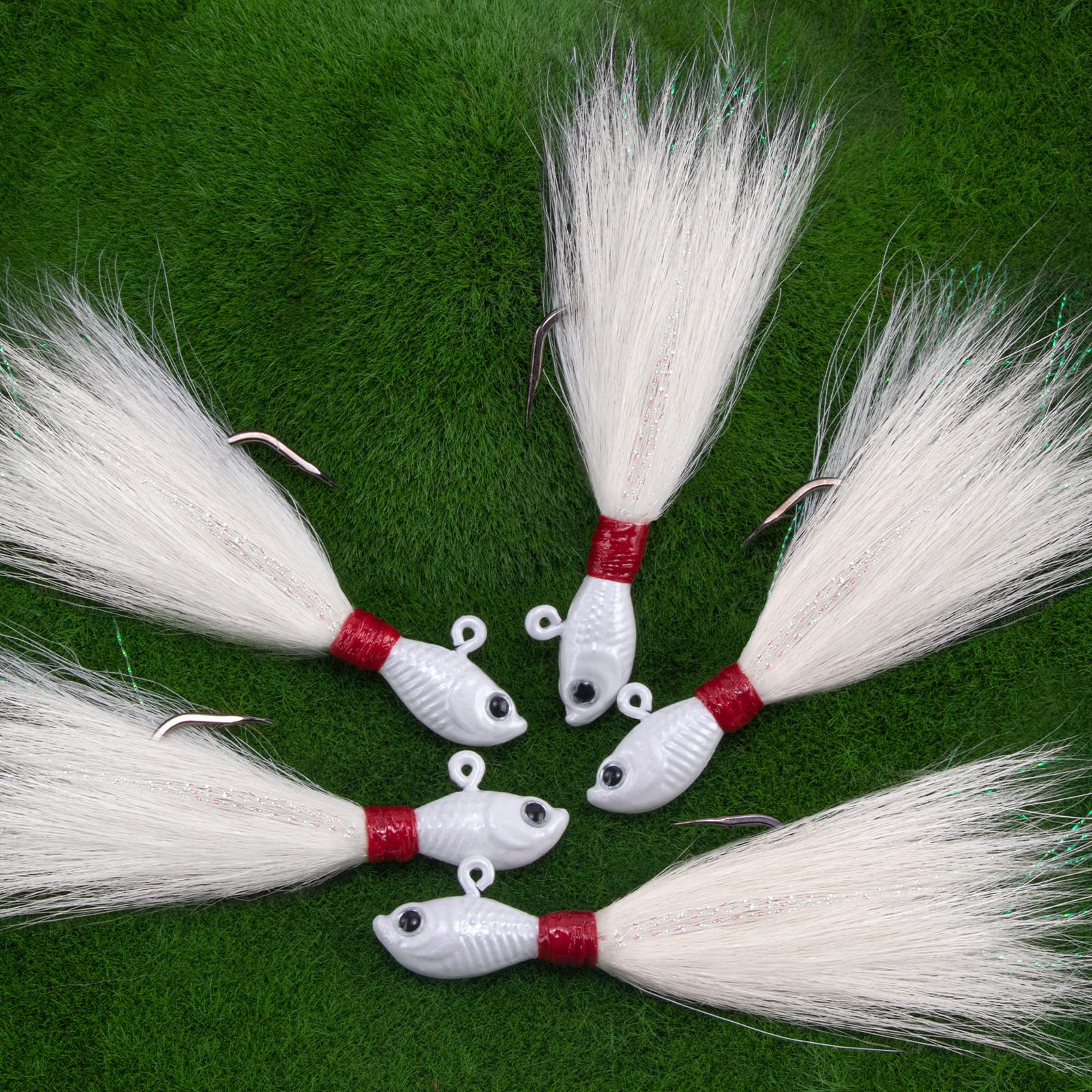 Alwonder 3/5 Pack Bucktail Jigs, Salzwasser Angeln Jig Bucktail Angelköder Surf Angeln Jig Köpfe Swimbait Jigs Heilbutt Flunder Striper Köder, Weiß 28,3 g