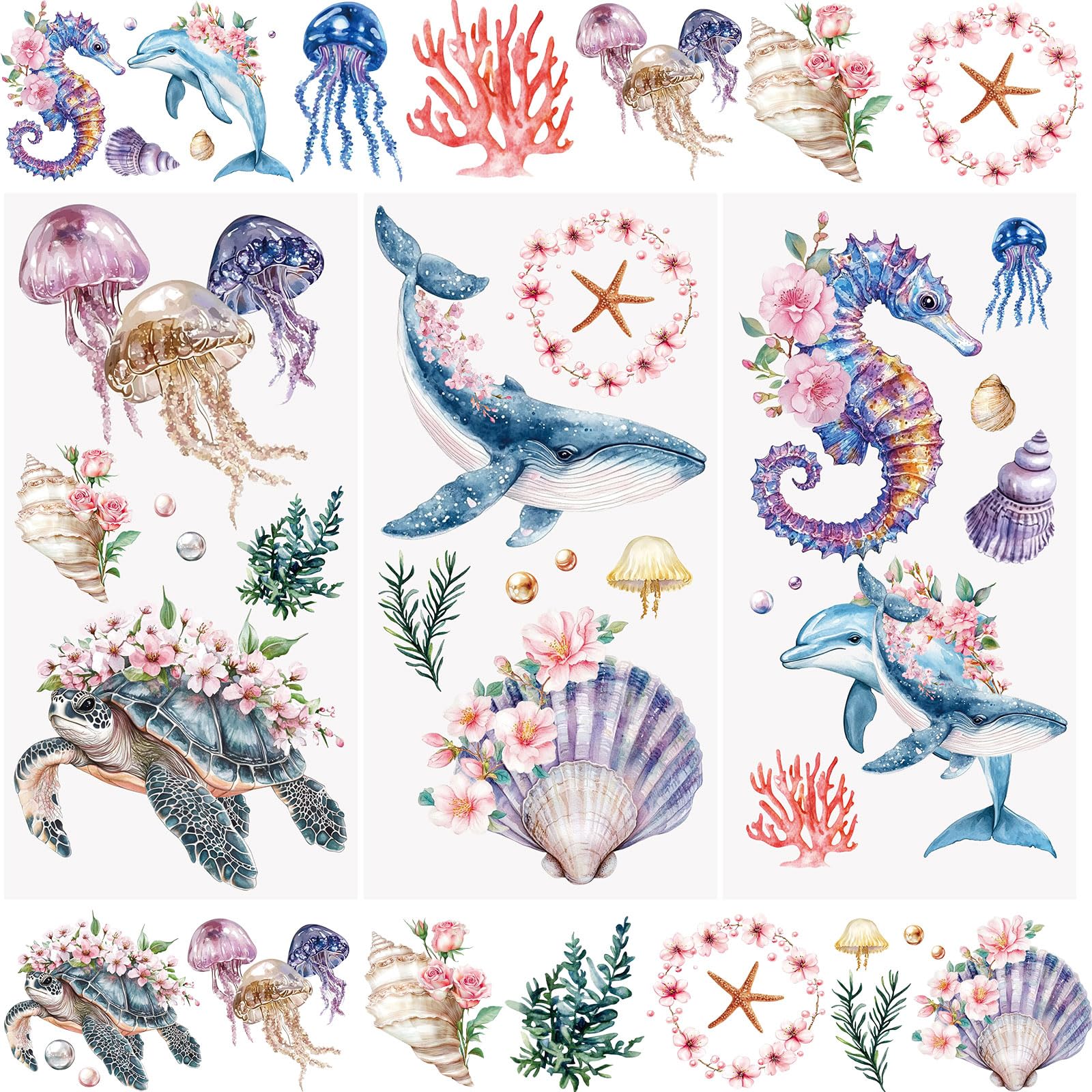 WANDIC 16 Fogli Adesivi Transfer A Tema Oceano Con Bastoncini - Motivi Pesce E Subacquei Per Scrapbooking, Diario E Decorazione Creativa