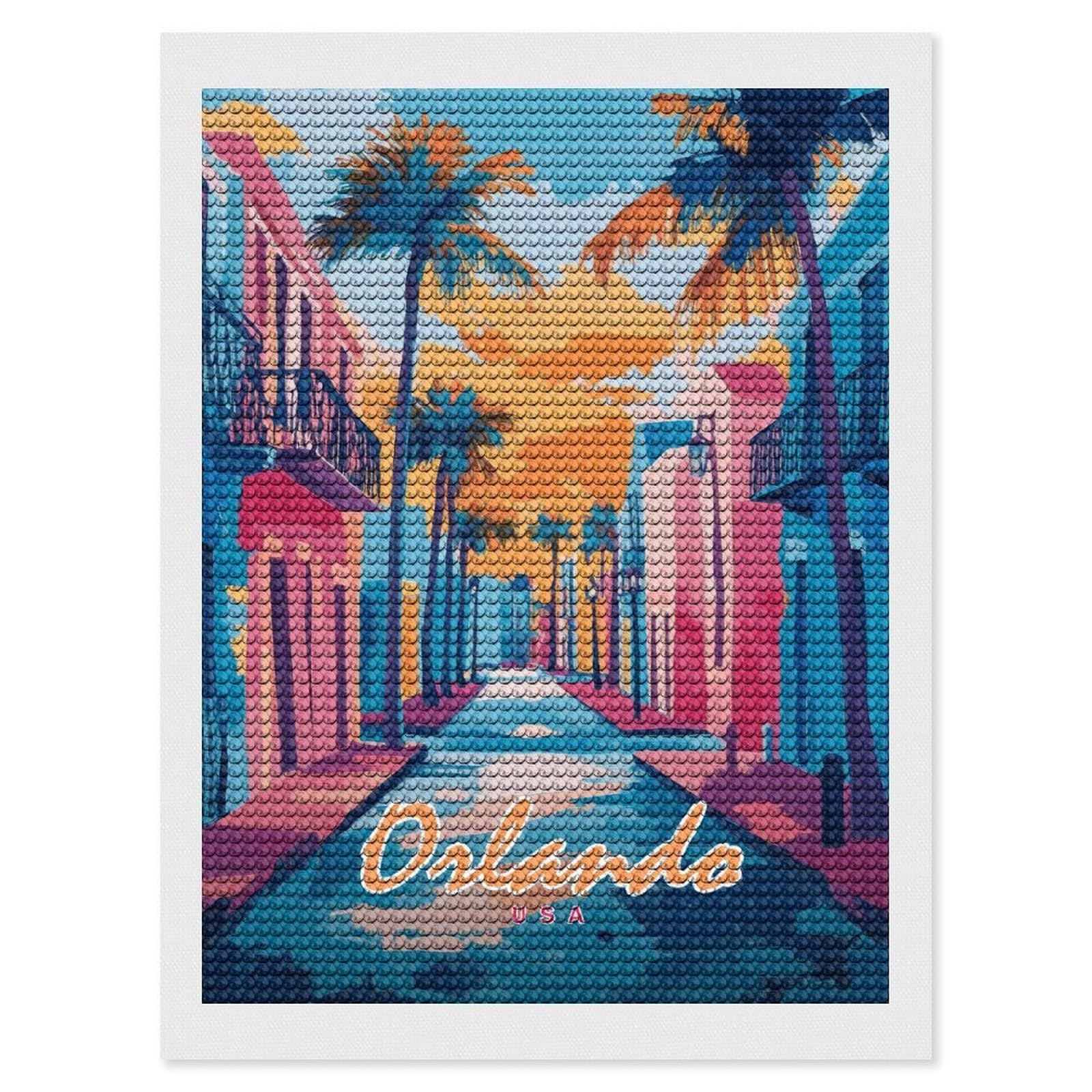 Junmoney Orlando Street Scene Diamond Painting Canvas Set 12"x16", with Tool Kit, Easy to Enjoy, Home Wall Decor, Thoughtful Handmade Gift