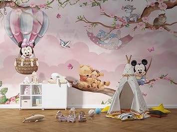 Bebek Mickey ve Pembe Bulutlar Duvar Ka d ,  izgi Film Temal  Duvar Resmi - Bebek Odas  ve  ocuk Odas