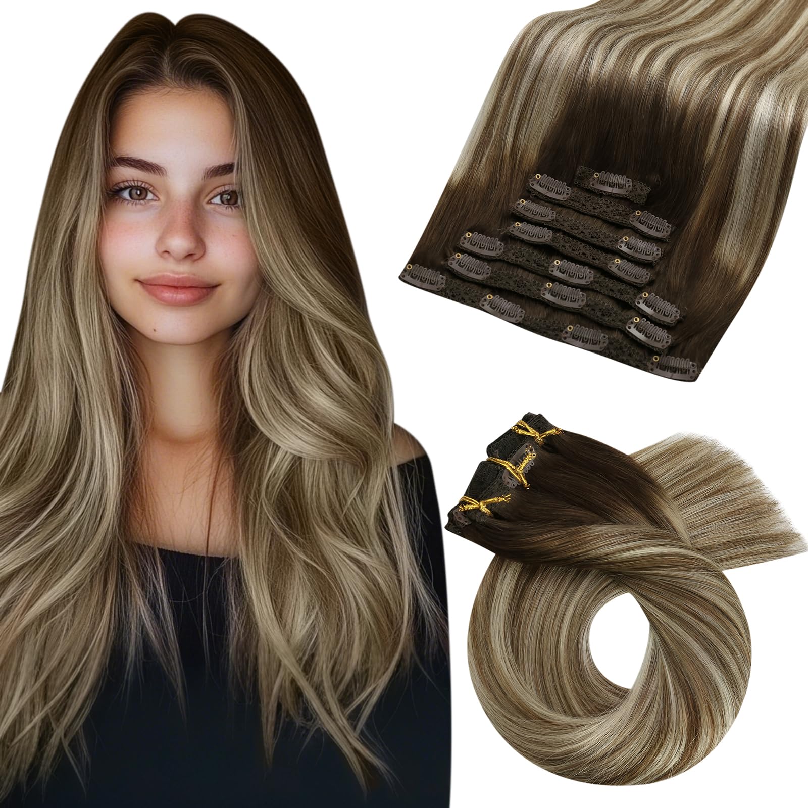 Moresoo Clip in Hair Extensions Real Human Hair Balayage Medium Brown and Blonde Real Hair Extensions Clip in Human Hair for Women Full Head 22 Inch 7pcs/120g #4/6/613