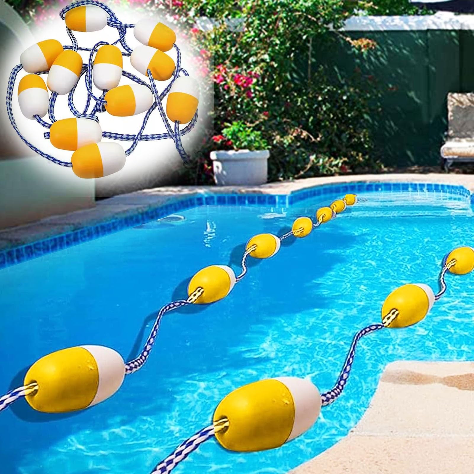 Yard Pool Lane Lines 23 meter 25m 50m, Swimming Pool Divider Rope Float, Floating Pool Safety Rope, Competitive Pool Racing Buoy Ball - Yellow White(L25m/82ft)