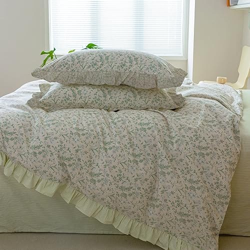 Miniatura 6 de AMZTOP Juego de funda de edredón con volantes para niñas, juego de ropa de cama de flores verdes, 100% algodón, estilo princesa, rayas verdes, funda