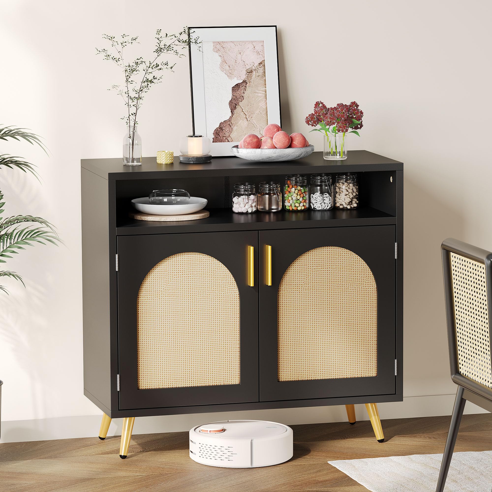 YITAHOME Sideboard Schwarz, Rattan Buffetschrank, Küchenschrank 80x35x75cm