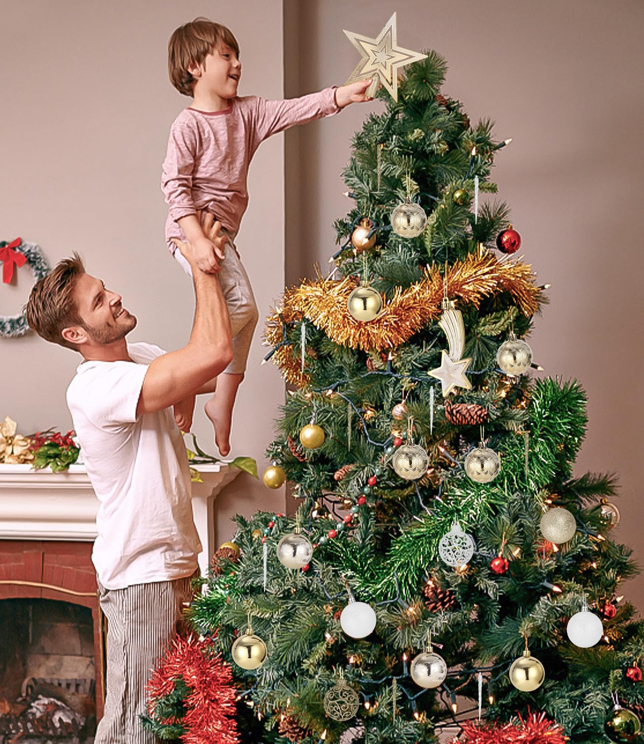 121 Pezzi Palline Albero di Natale Set in Oro e Bianche, Decorazioni Albero di Natale Plastica Infrangibili, Addobbi Natalizi con Ciondolo, Decorazioni Natalizie per Uso Interno ed Esterno - Ø3/4/6 cm